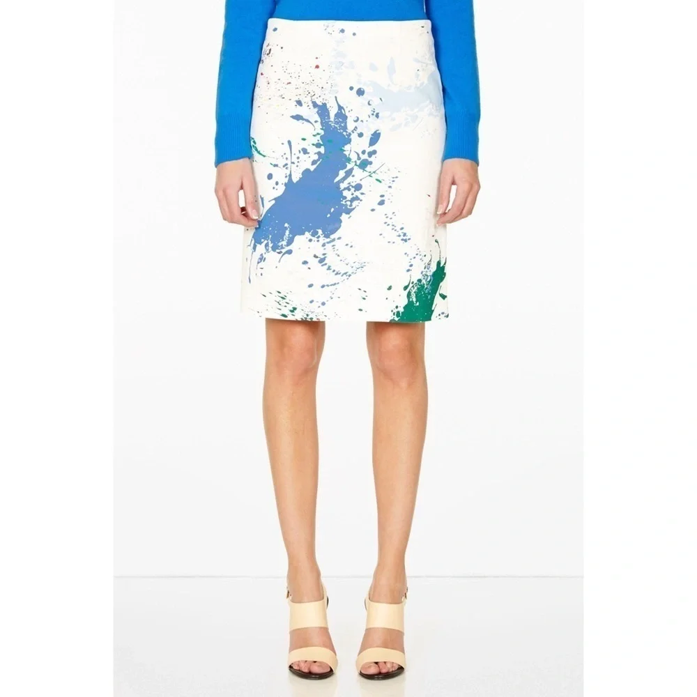 Tibi Cotton Blend Paint Splatter Pencil Skirt EUC